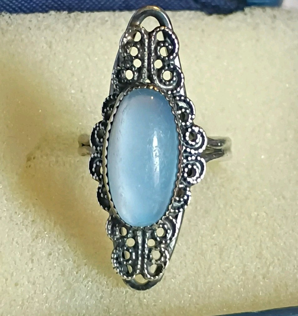 Beau Milgrain Filigree Sterling Silver Oblong Chalcedony Adjustable Ring
