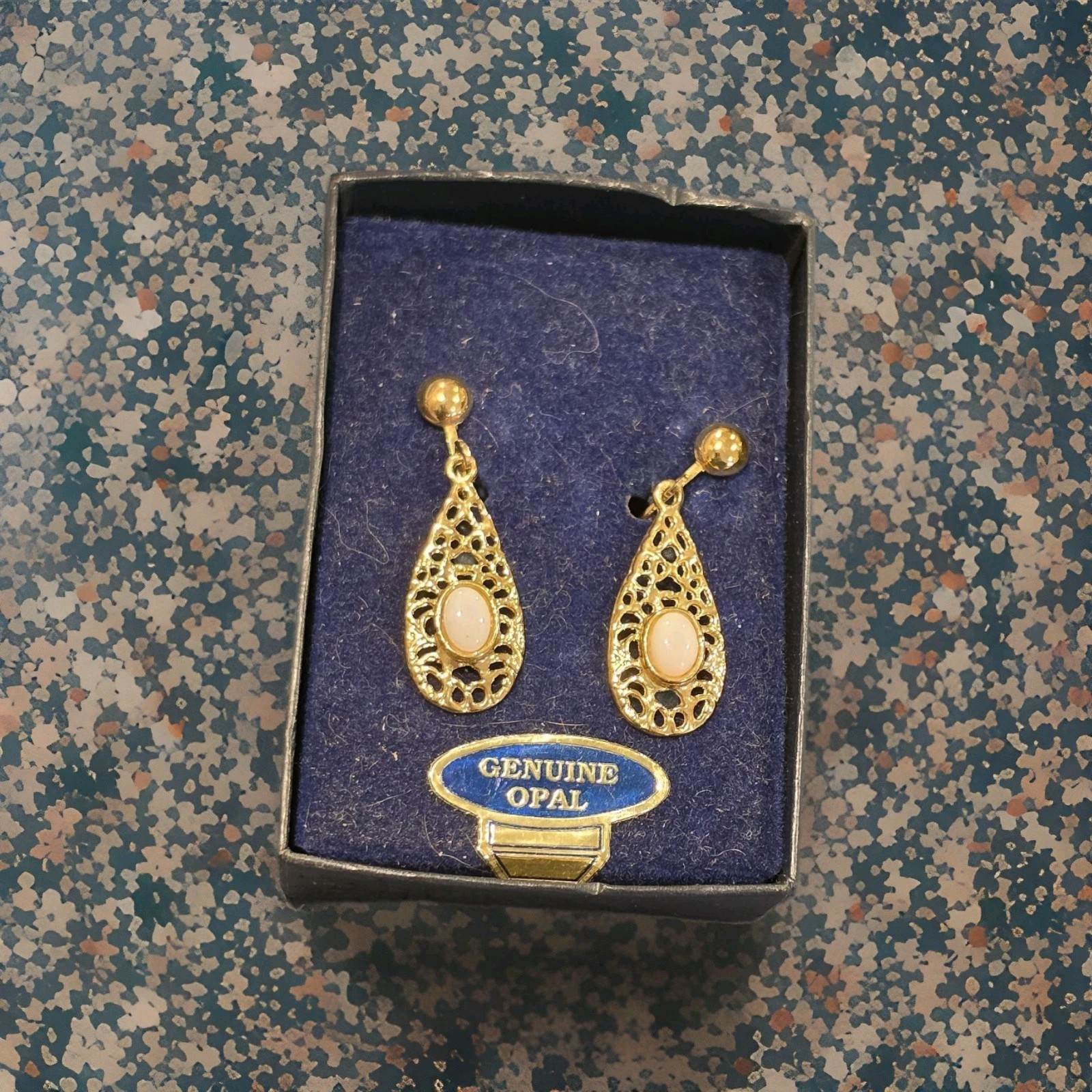 Vintage Elizabeth Farrell Genuine Opal Filigree Teardrop Earrings Gold Tone