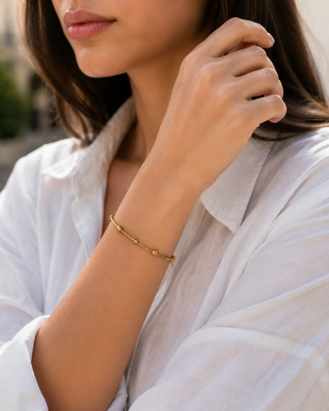 Women Gold Tone Snake Chain Bracelet with Ball Beads Stainless Steel Adjustable