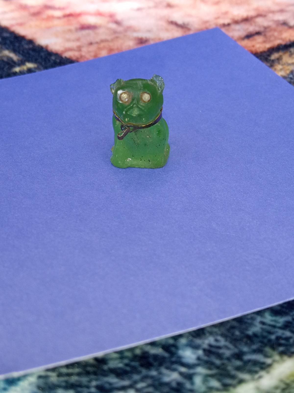 Antique, Vintage, Czech Green Pug, Bulldog Cracker Jack Glass Charm, Prize, 1″