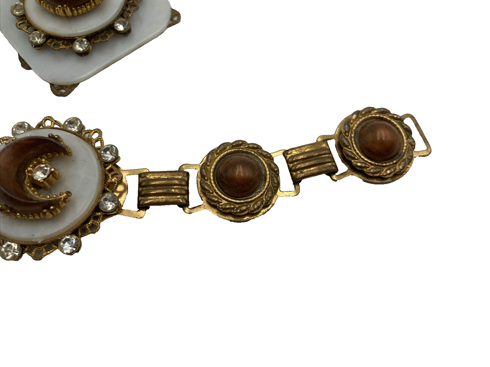 Antique Vintage Crescent Moon Rhinestone Pendant Link Bracelet Victorian Style