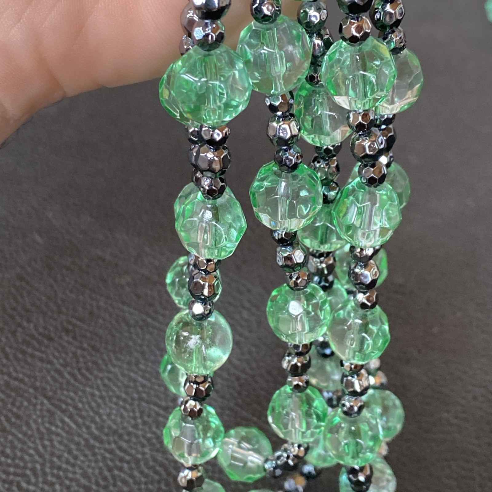 Vintage Green Glass Faceted 3 Strand Necklace w/ Matching Pair Drop Earrings Set