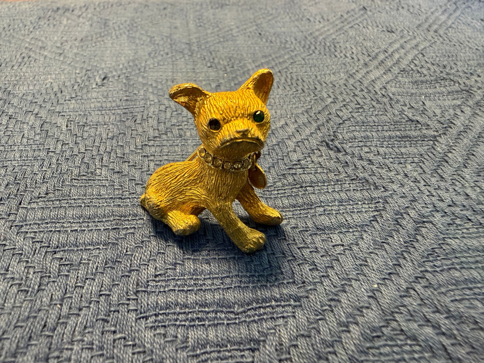 Vintage Goldtone Metal Chihuahua Dog w. Rhinestone Collar and Dog Tag Pin Brooch