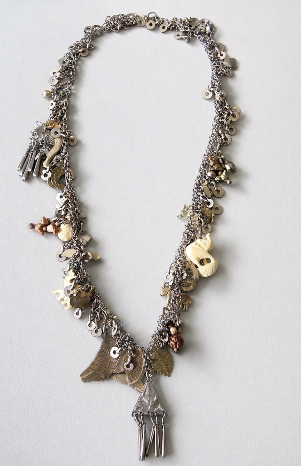 VTG Good Luck Charm Necklace Ethnic Folk Jewelry Silver Tone And Gold Tone