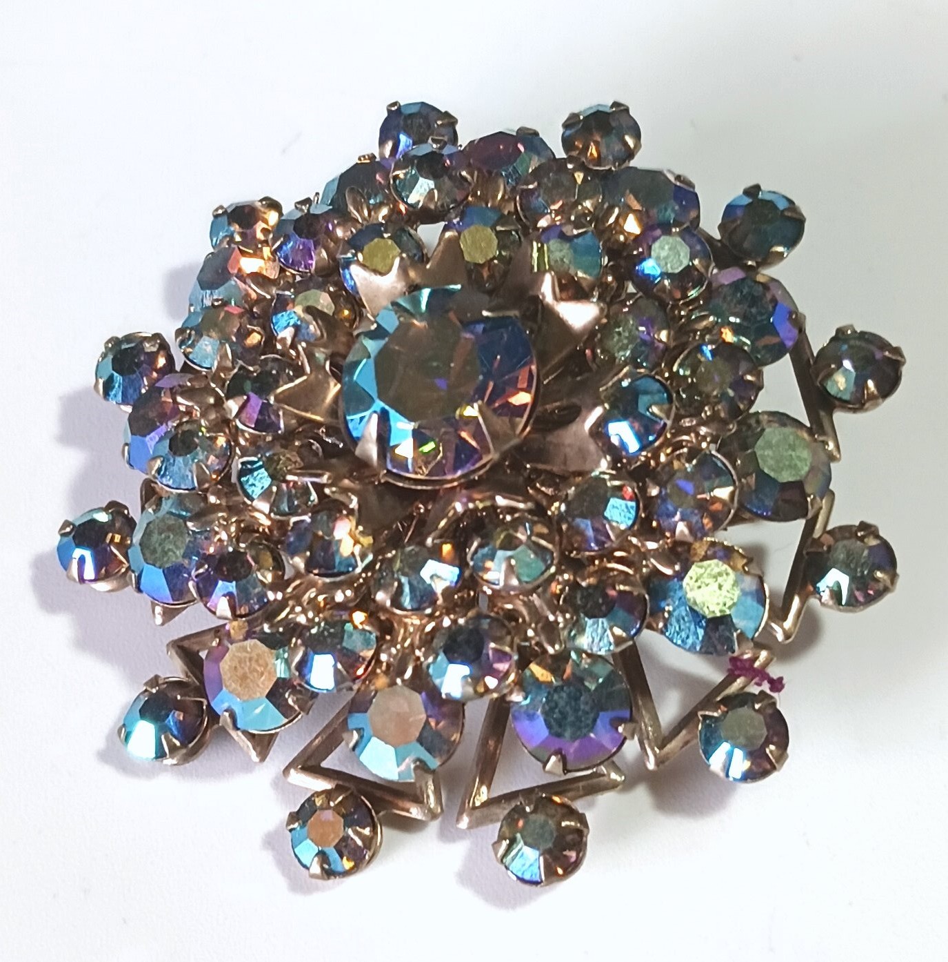 Vintage Layered Gold-tone Brooch w Purple-Blue Aurora Borealis Rhinestones