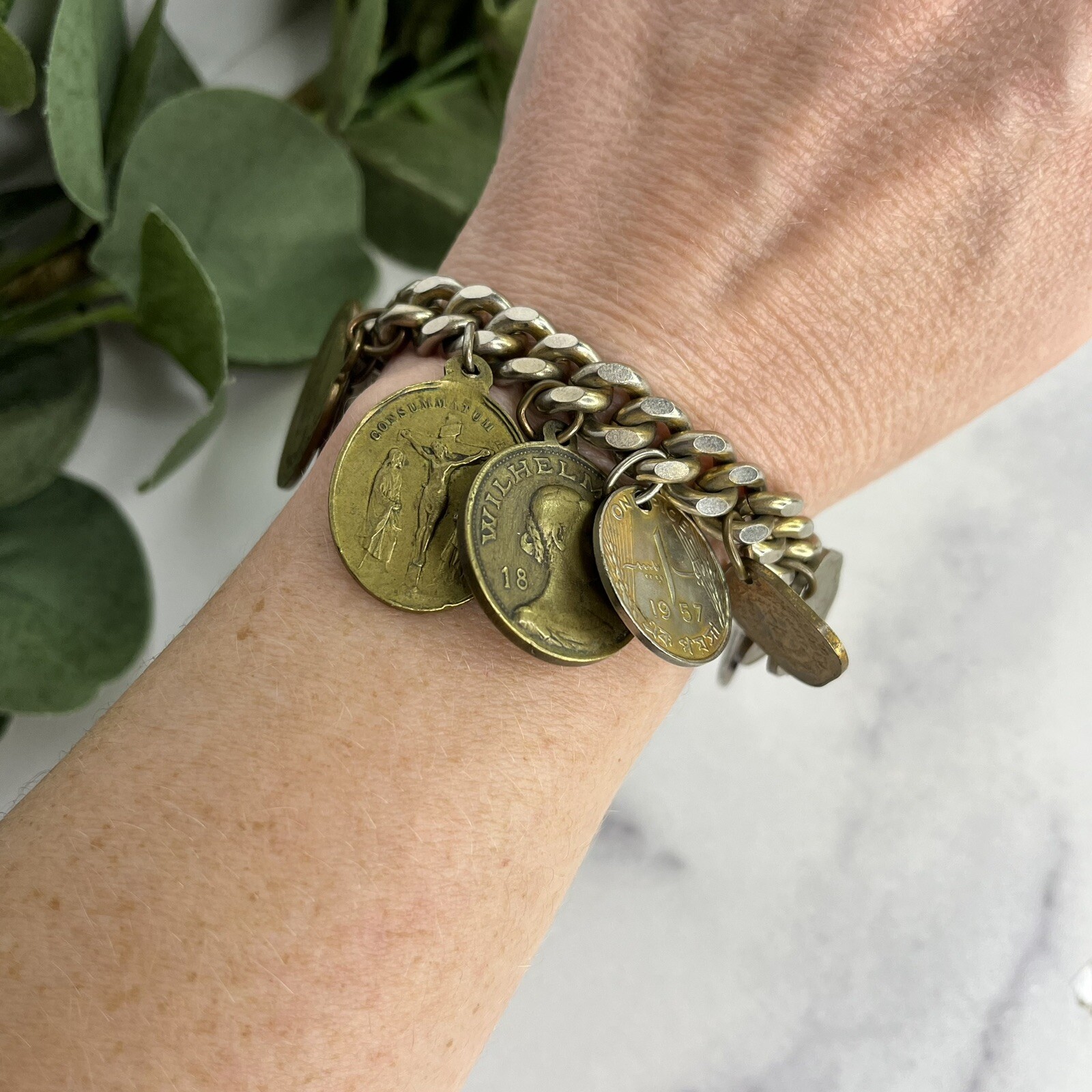 Vintage 13 Coin Charm Bracelet Belgium, India, Pakistan 1957 1959 1955 7”