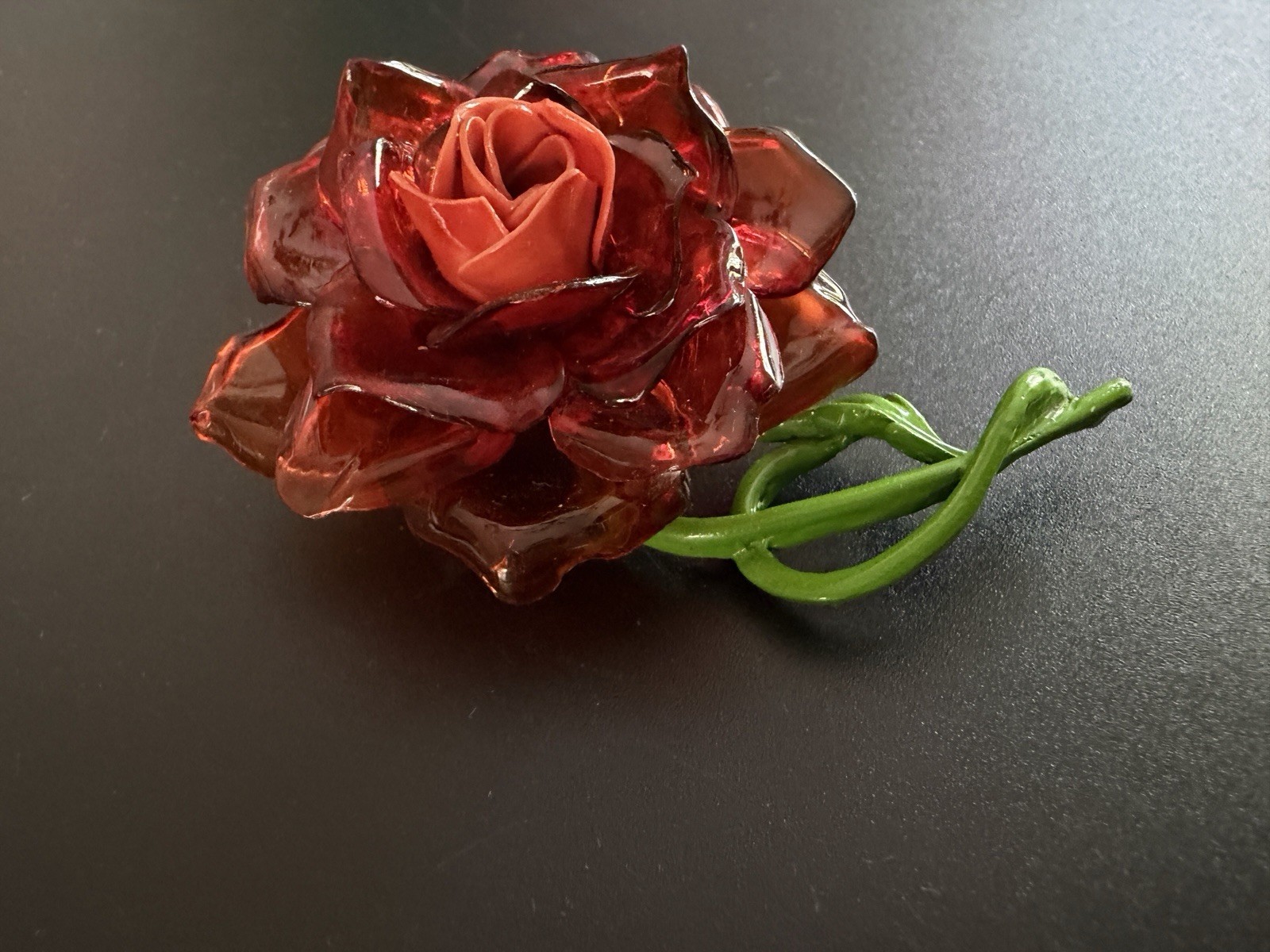Vtg Coral Cellulose Acetate Rose Flower Brooch Enamel Green Stem 3D Translucent