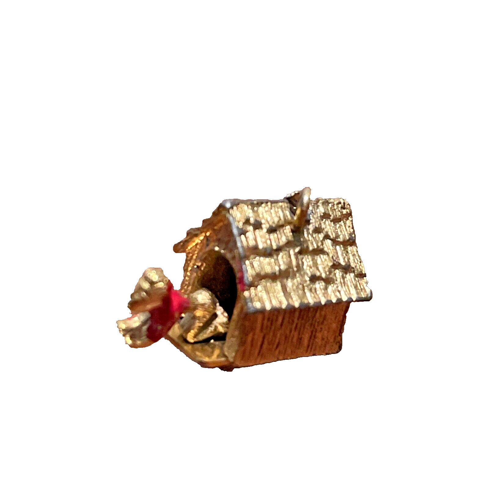 1960’s Man in Doghouse Goldtone Bracelet Charm Mechanical Signed C S Red Paint