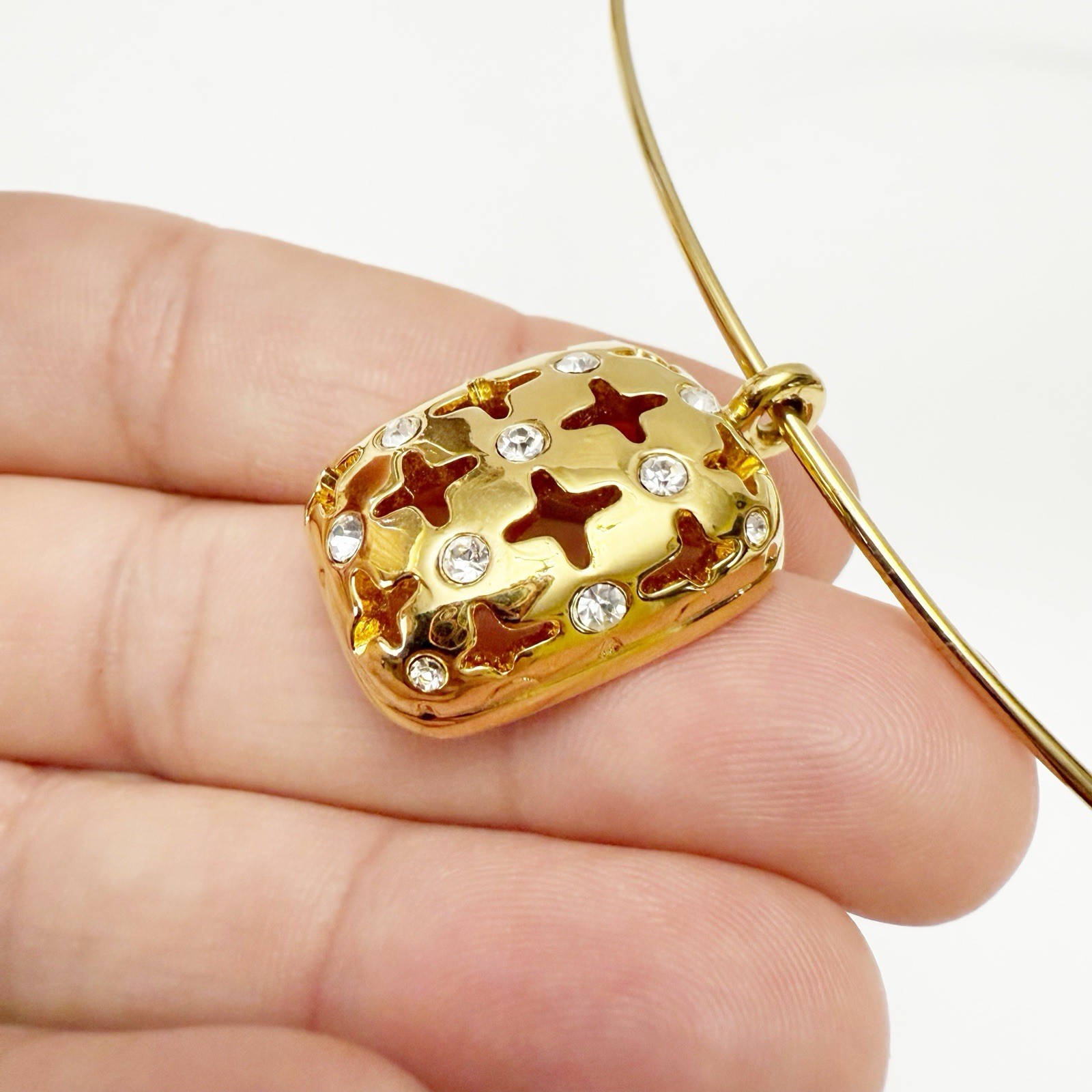 Vintage Swarovski Clear Crystal Star Cross Pendant Wire Choker Goldtone Necklace