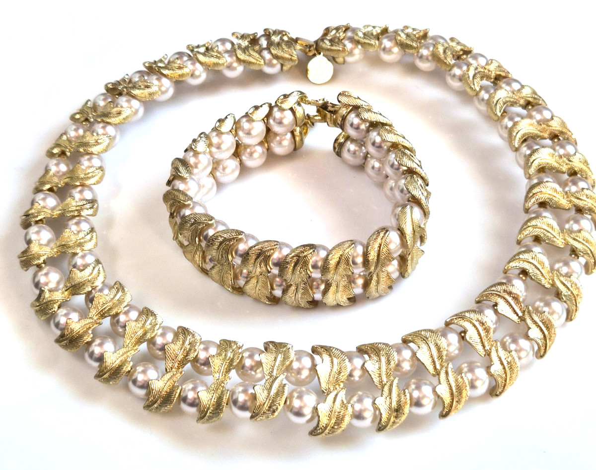Vintage Unknown Designer Gold-tone & Faux Pearl Leaf Link Necklace, Bracelet