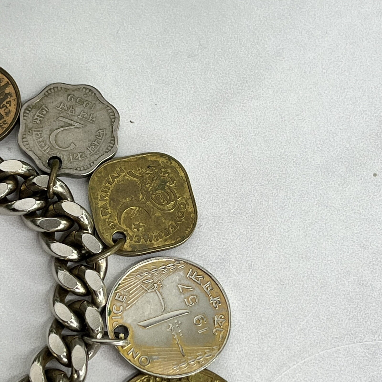 Vintage 13 Coin Charm Bracelet Belgium, India, Pakistan 1957 1959 1955 7”