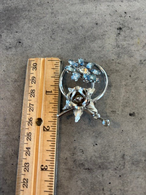 Vintage Silver Tone rose and Blue Rhinestone Flower Brooch Pin