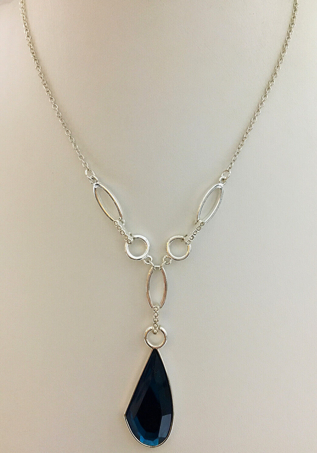 Silver Tone Necklace Blue Faceted Teardrop Pendant And Clear Rhinetone Accents