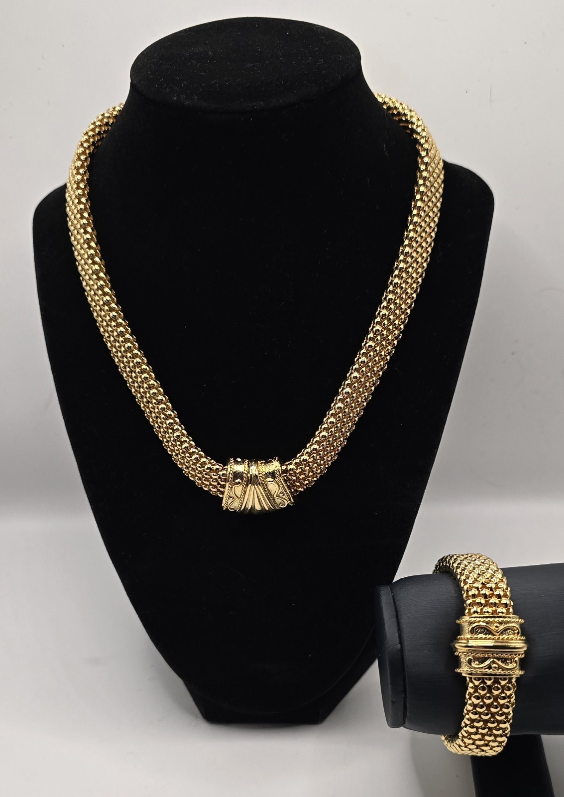 Vintage Etruscan Revival Gold Tone Mesh Collar Necklace Bracelet Jewelry Set