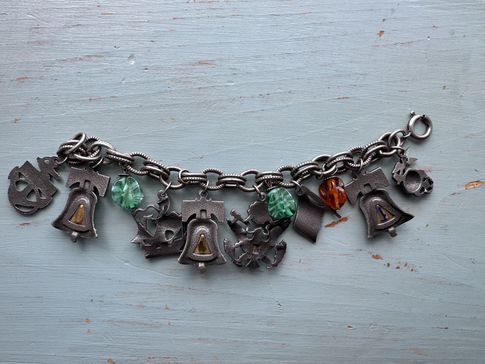 Vintage 1950s Silver Tone Chain Charm Bracelet Patriotic US Navy Liberty Bell