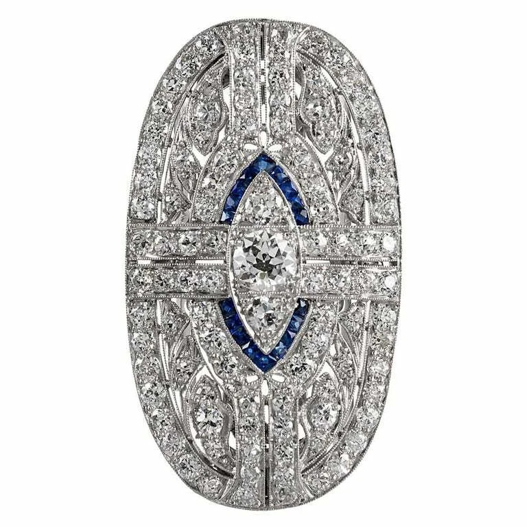 Sparkling Art Deco Round Cut Moissanite and Blue Sapphire Ring 925 Sliver Ring