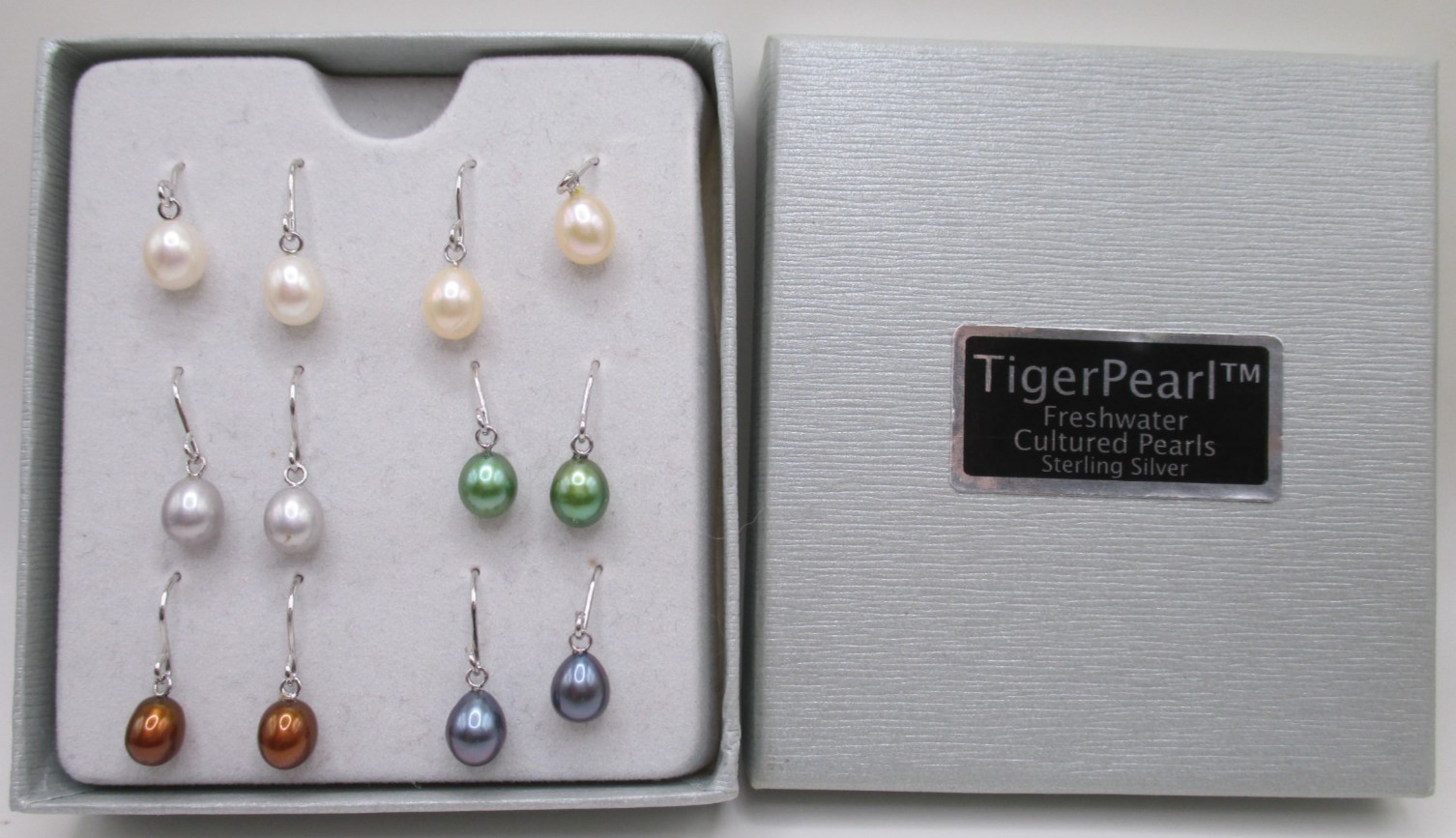 Set of 6 Tiger Pearl sterling freshwater pearl earrings different colors in box