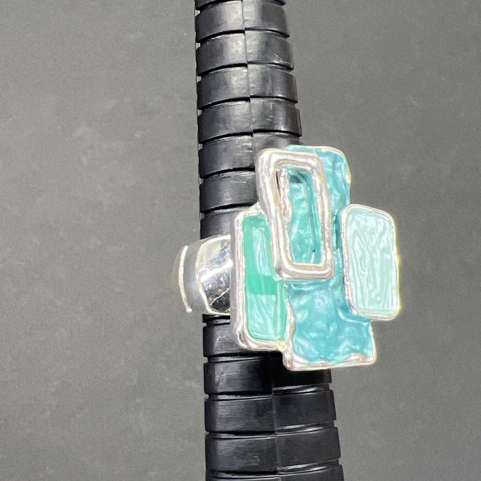Turquoise Enamel Rectangle Stretch Ring Vintage Silver Tone Size 7+