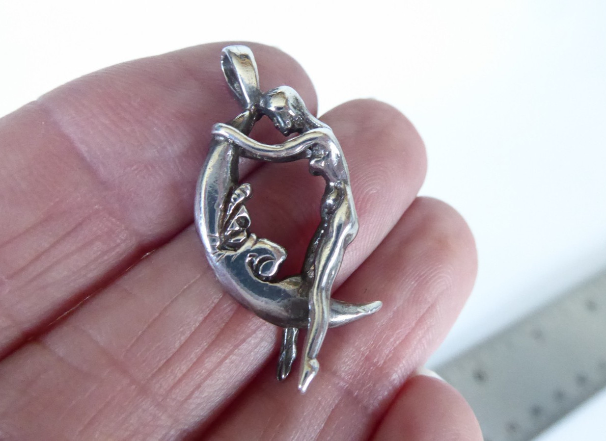 Risque Sterling Silver Pendant Nude Woman Riding Moon 4.7 grams Solid 925 Fairy
