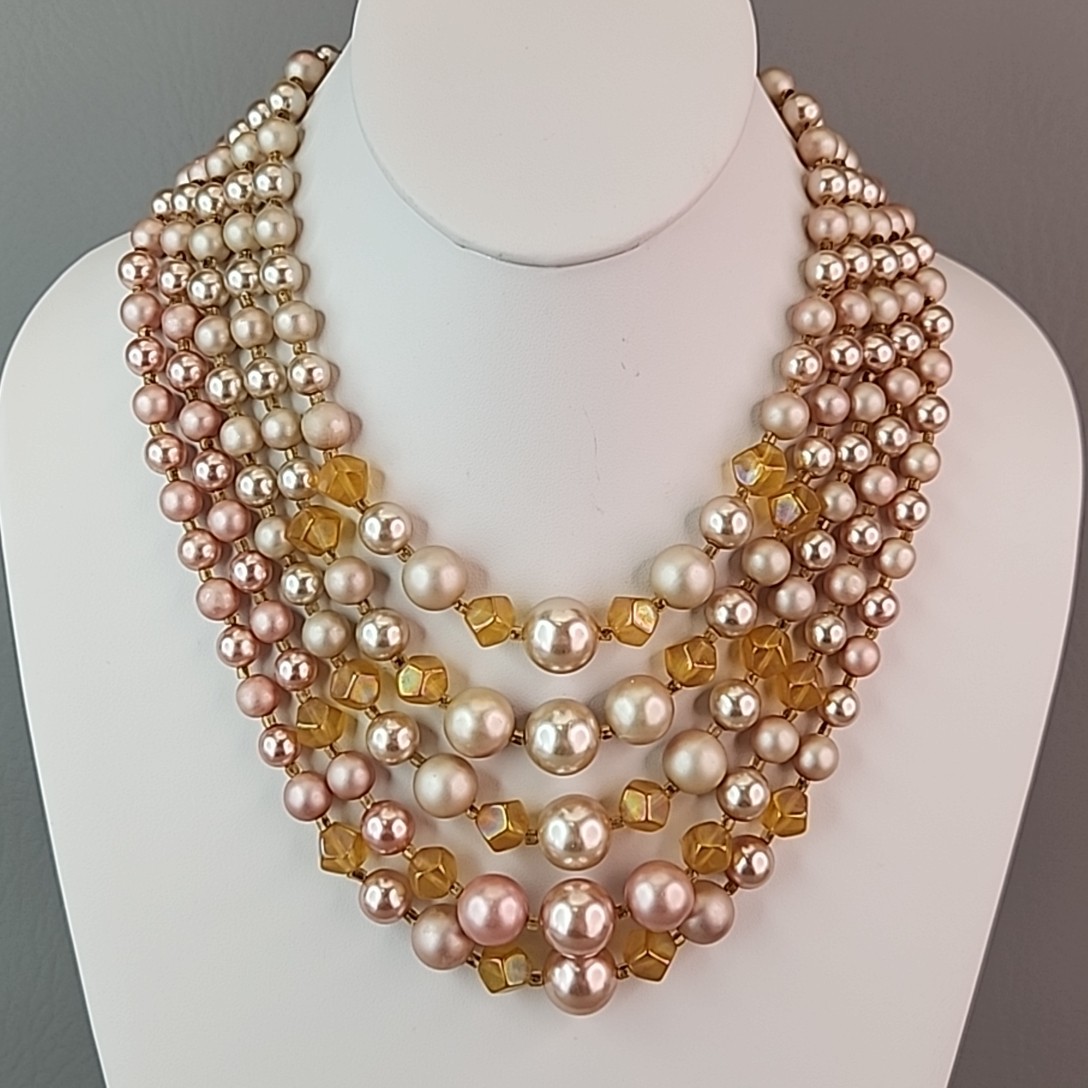 Vintage Faux Pearl Beaded Necklace Cream Pink Acrylic AB Yellow Glass Japan 16″