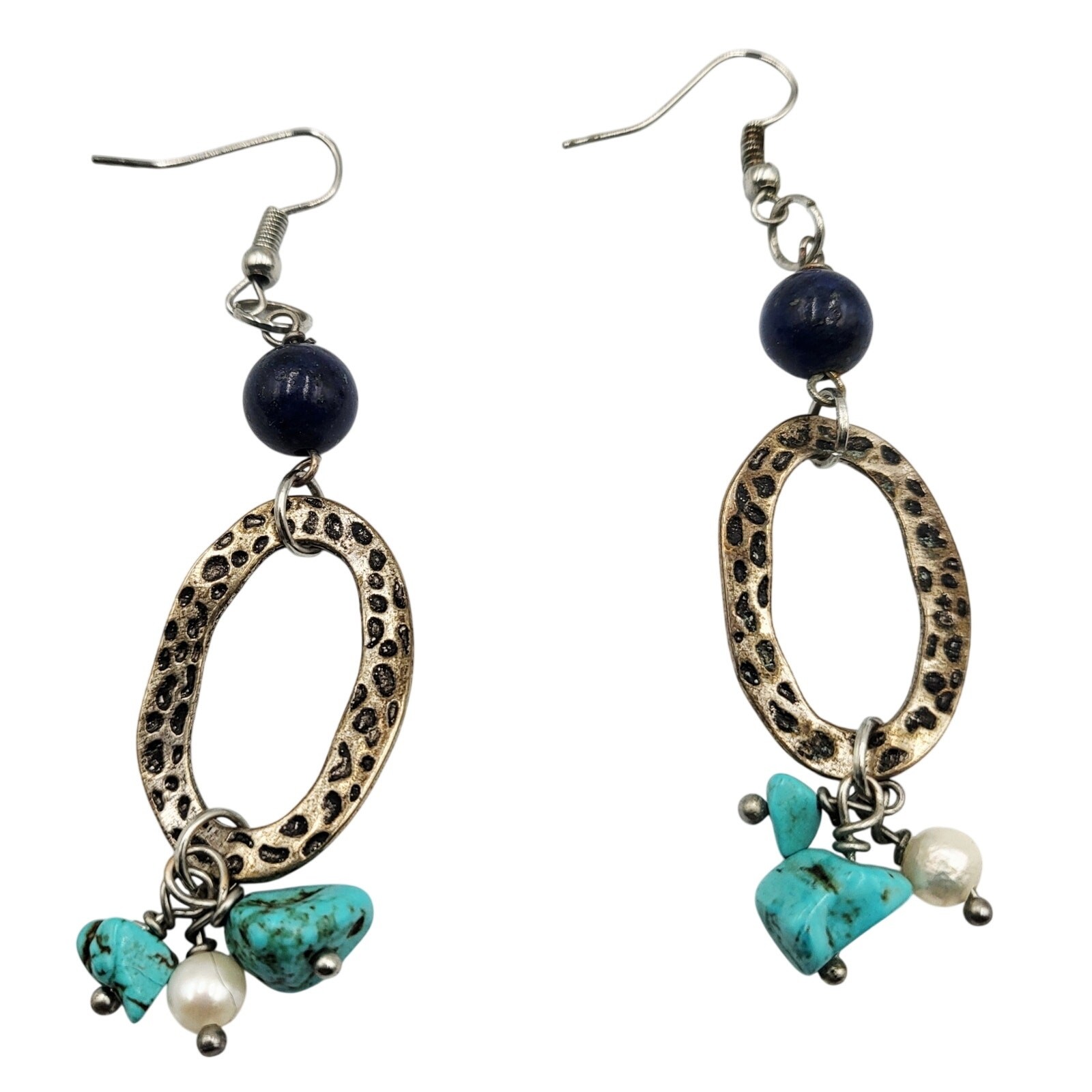 Vintage Antique Boho Silver Turquoise Pearl Beaded Stone Hammered Earrings Pair