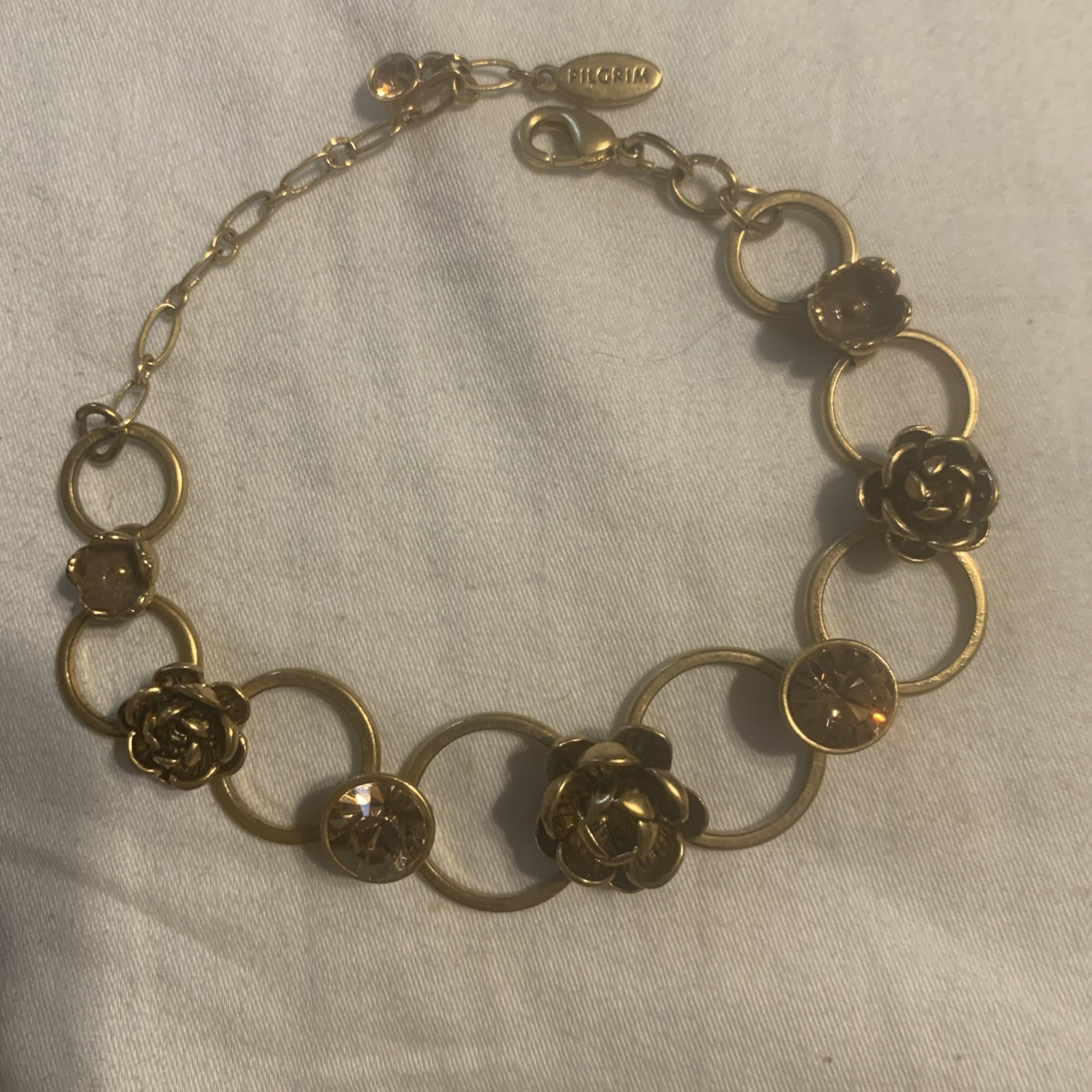 Vintage PILGRIM DANISH DESIGN Gold Tone Topaz Crystals Roses Design Bracelet