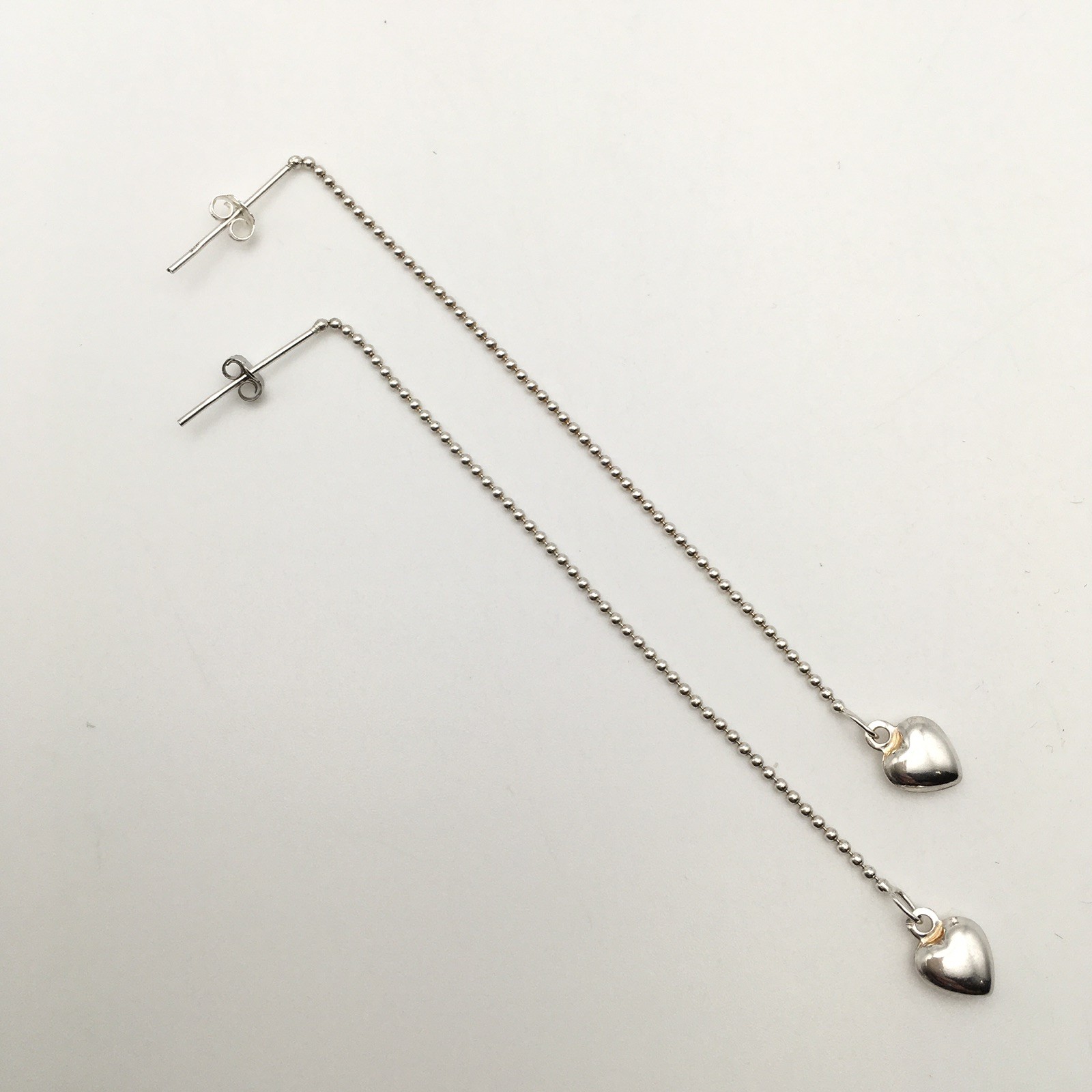 Sterling Silver 3.5” Ball Bead Heart Post Dangle Earrings Marked 925 1.5g #16
