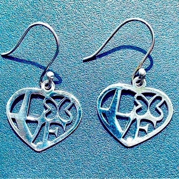 Sterling Silver Love in Heart Butterfly Hook Earrings ATI 925 Mexico Stamped