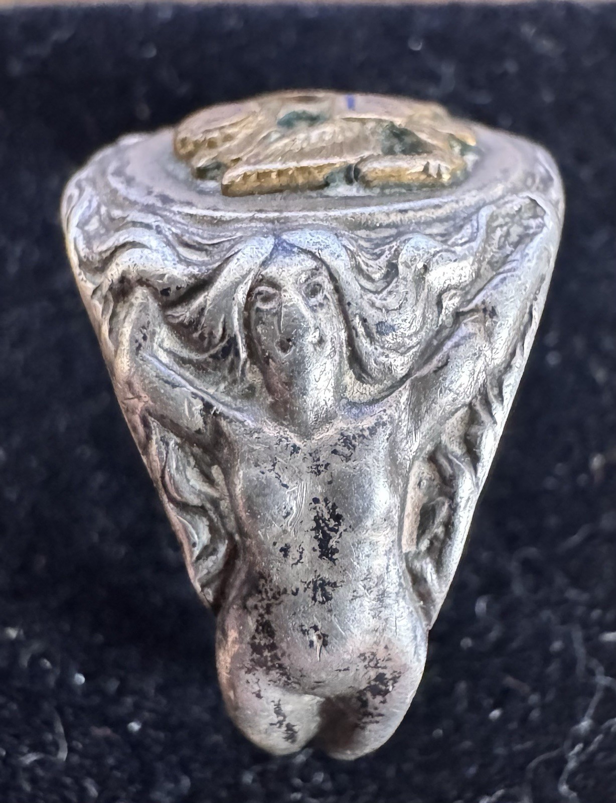 Vintage US Army Eagle & Art Nouveau Style Nude Woman Sterling Silver Signet Ring