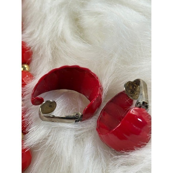 Vintage Red Faceted Bead Necklace and Matching Red Enamel Clip On Hoop Earrings
