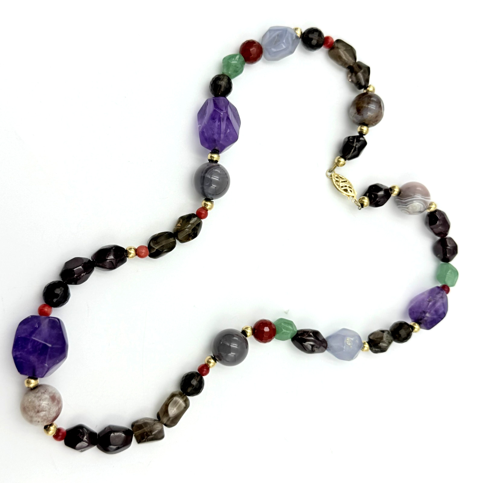 Spectacular 14K Gold Amethyst Garnet Quartz Chalcedony Beaded Necklace