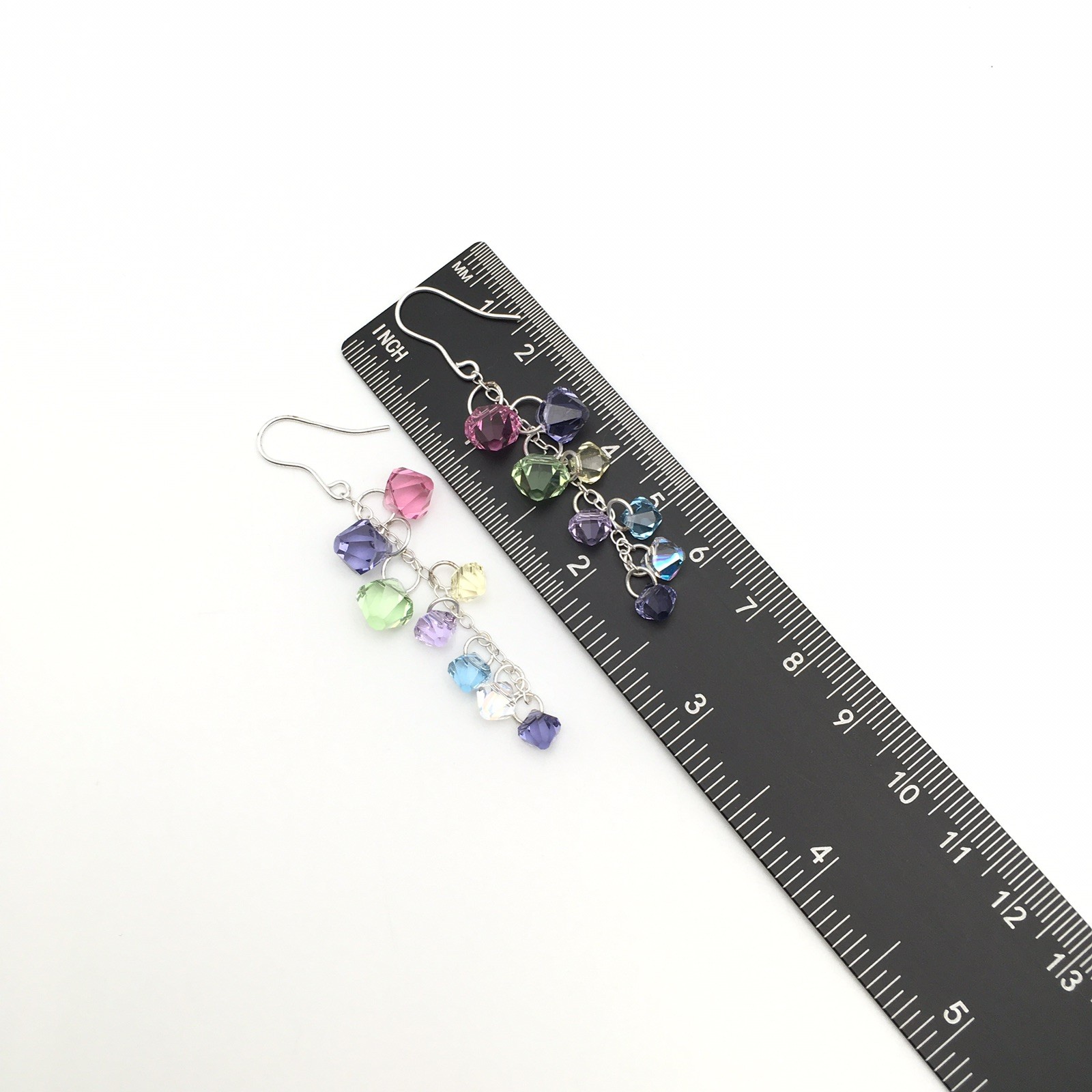 Vintage Sterling Silver Rainbow Beaded Cha Cha Hook Dangle Earrings 925 7g #96