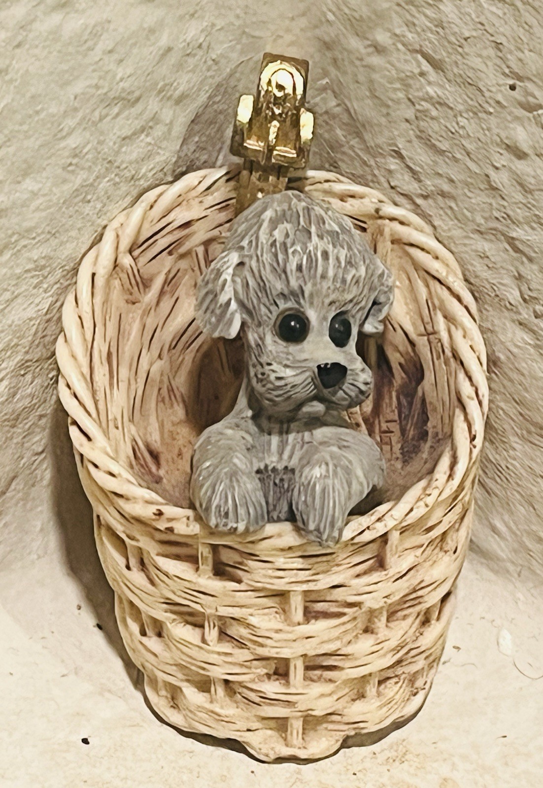 Vintage 1970s Maltese/poodle Puppy Woven Basket 3D Resin 2.75” Pendant