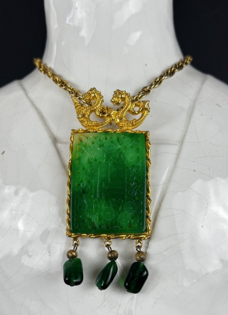 Kenneth Jay Lane KJL Faux Chinese Imperial Jade Pierced Filigree Plaque Necklace