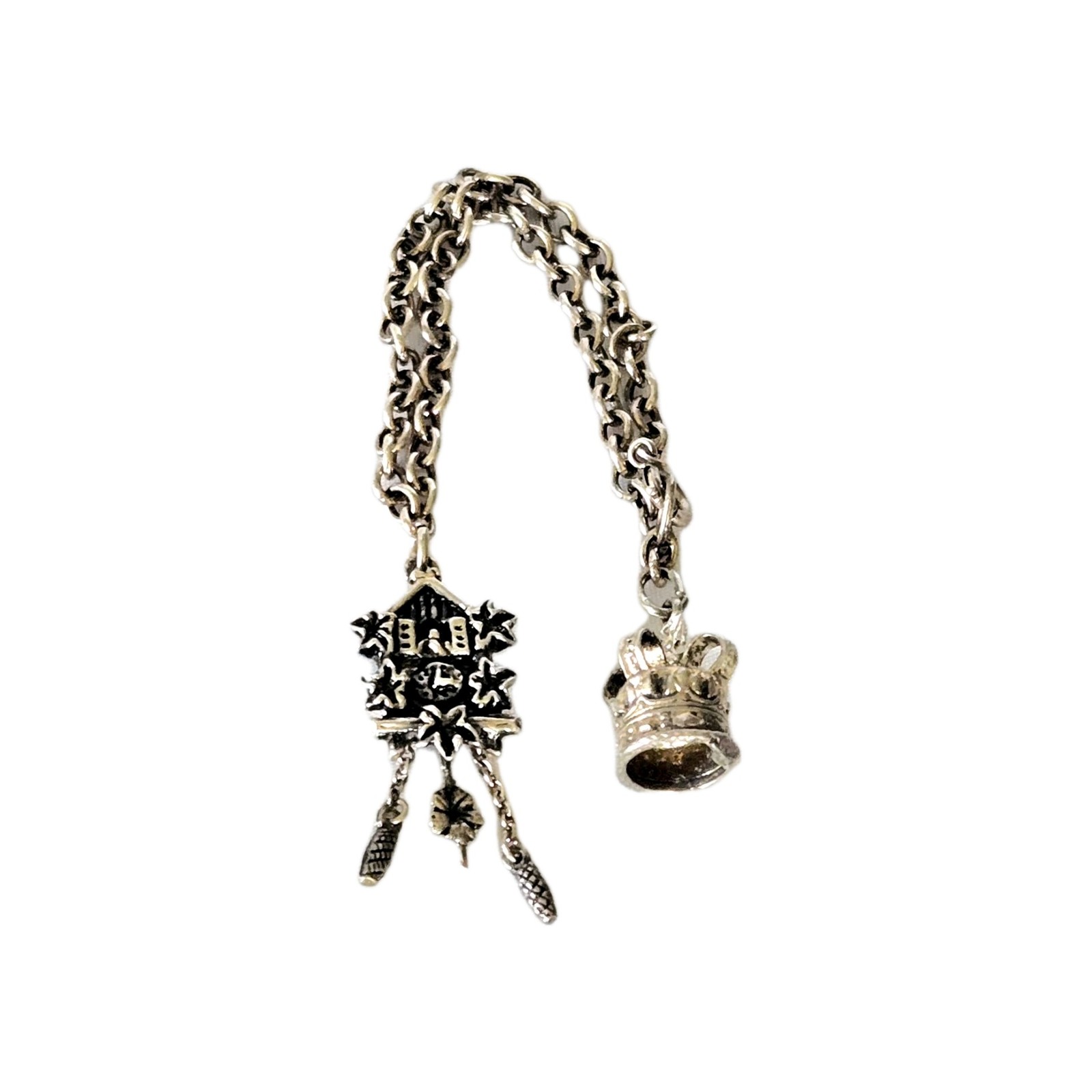 Antique European Silver Charm Bracelet – Cuckoo Clock Crown – 7.5″ – 9.86 Grams