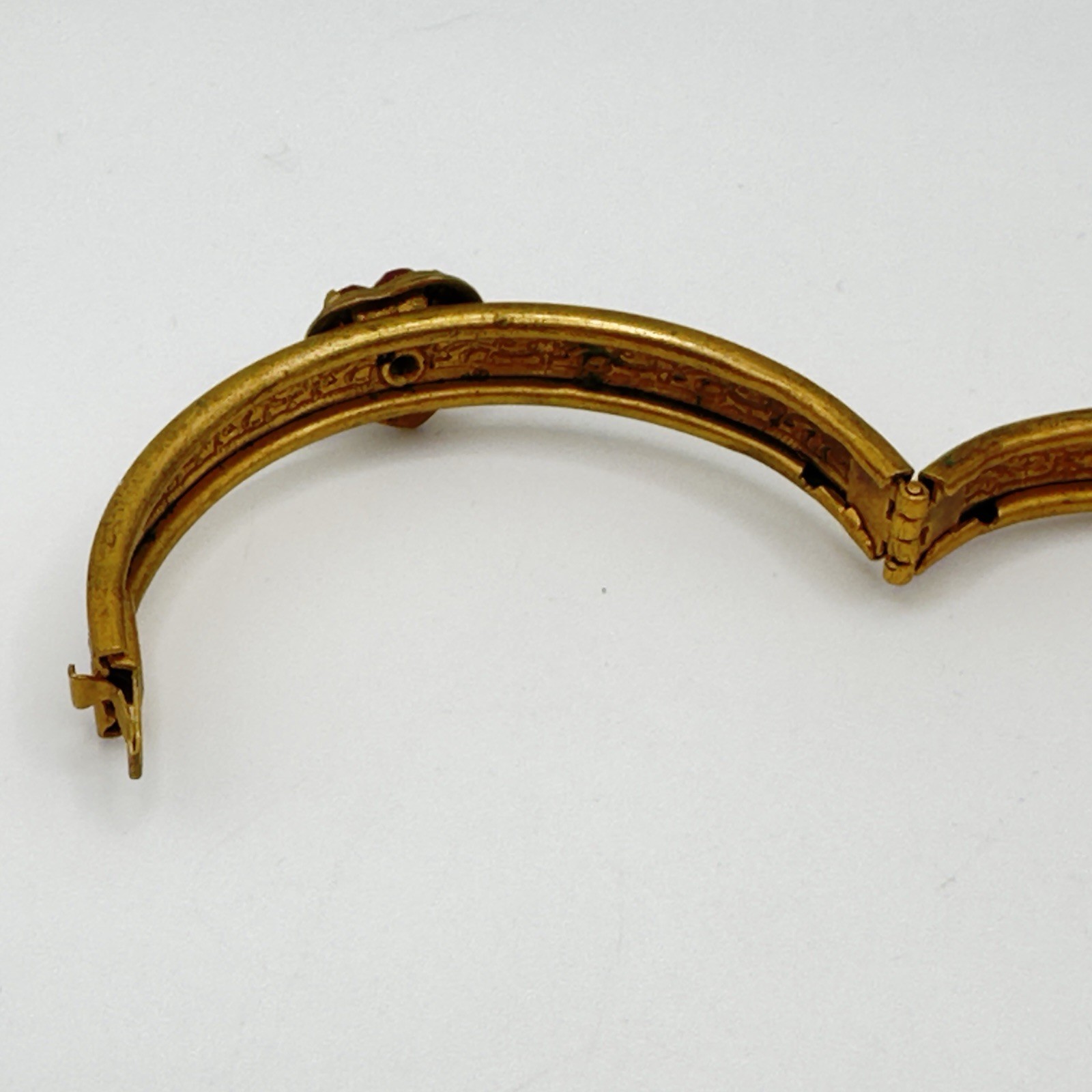 Vintage Victorian Revival Heart Bangle Bracelet Red Glass Gold Tone Hinged TINY*