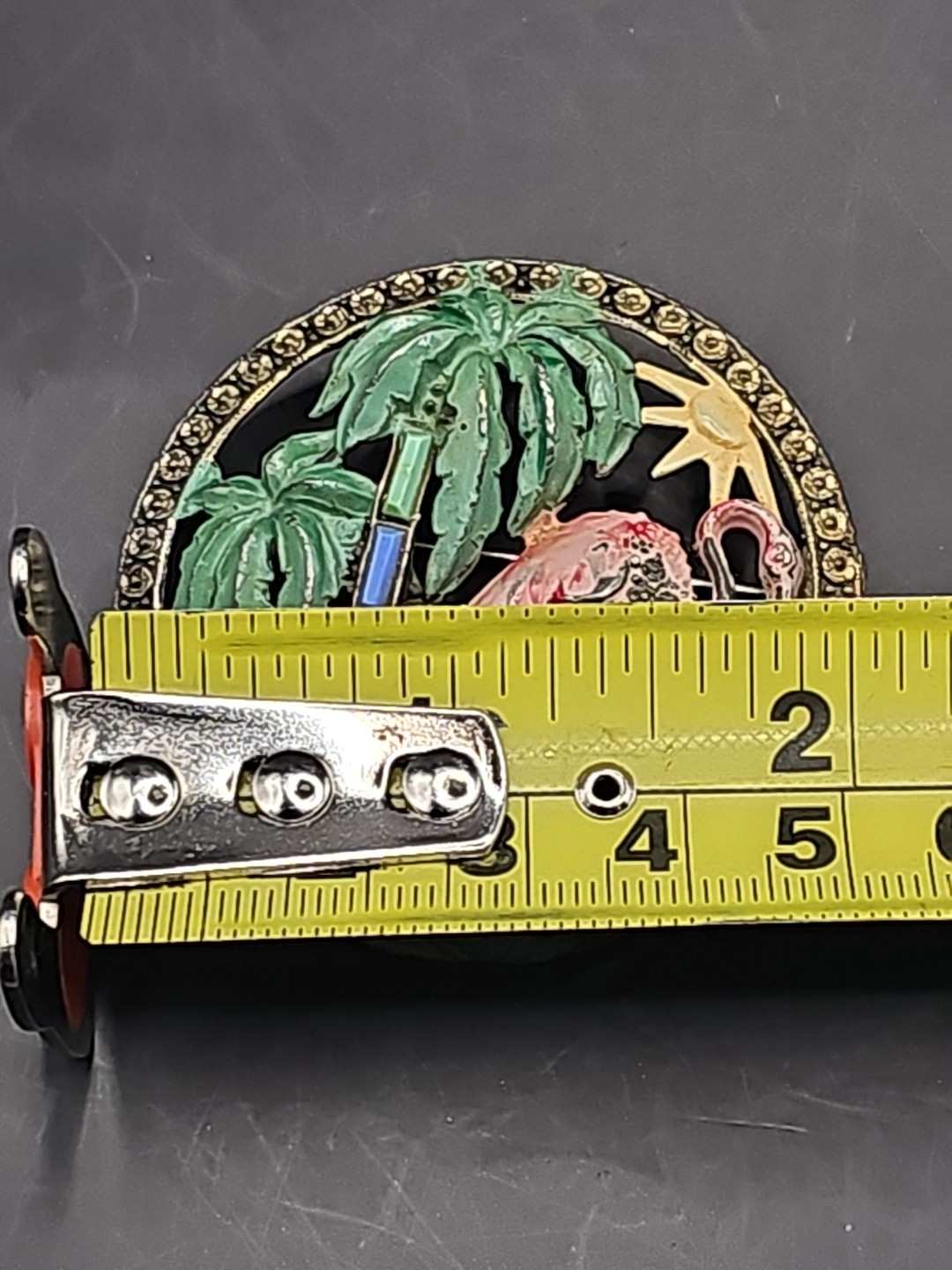 Vtg Signed Little Nemo Open Work Enameled Flamingo Tropicsl Palm Tree Brooch Pin