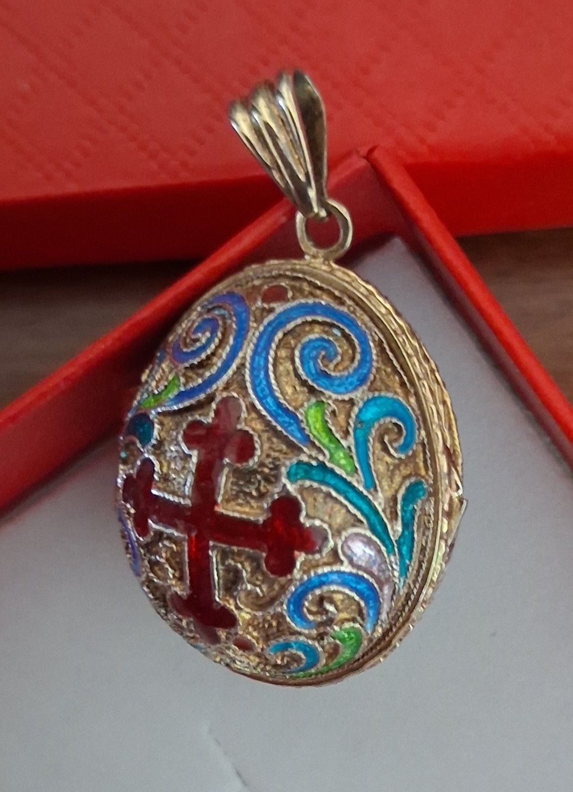 VTG c1990s Egg Pendant Locket Red Cross Gold Jesus Inside Silver Eagle Hinged