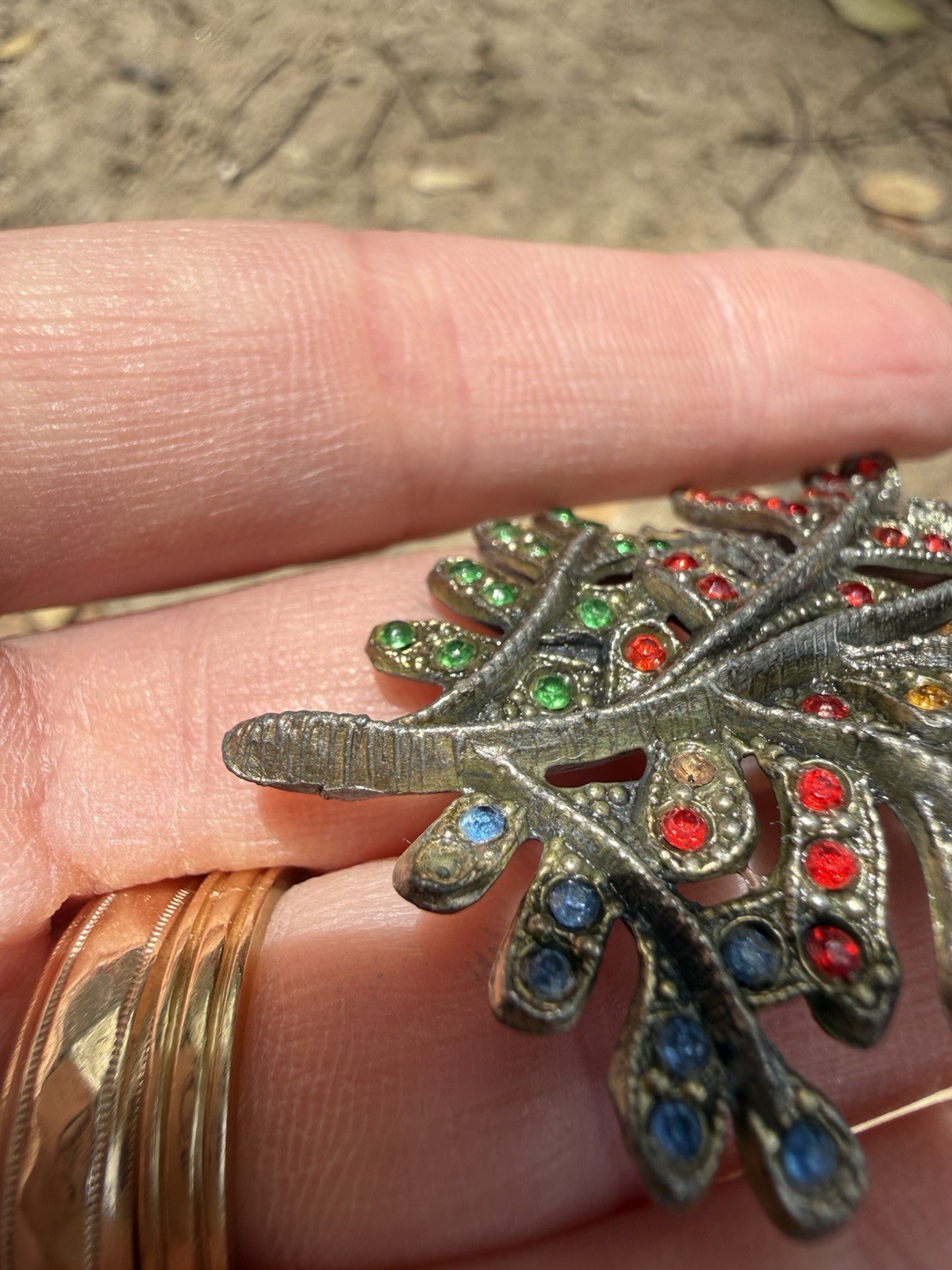 Little Nemo Brooch Leaf Rhinestones Red Blue Green Yellow Silver Tone 2.75”