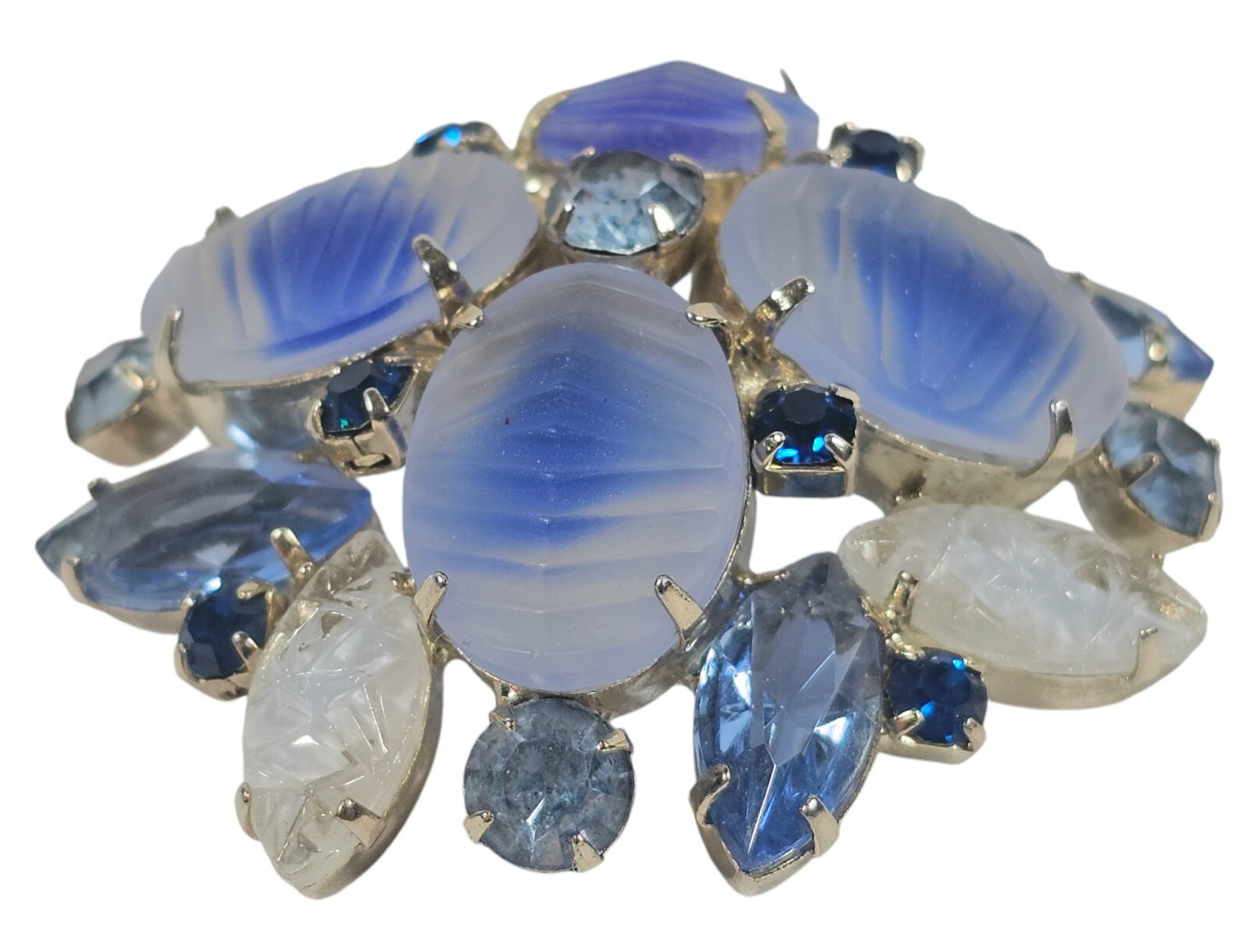 Vintage Unsigned Grosse Art Glass Snowflake Brooch Blue & White Rhinestones