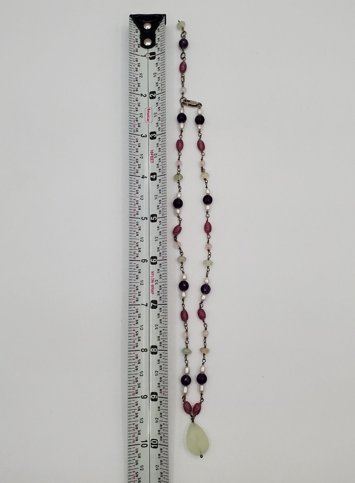 VTG 925 Pearl and Gemstone Jade Teardrop Necklace 18in Sterling Silver 12gtw