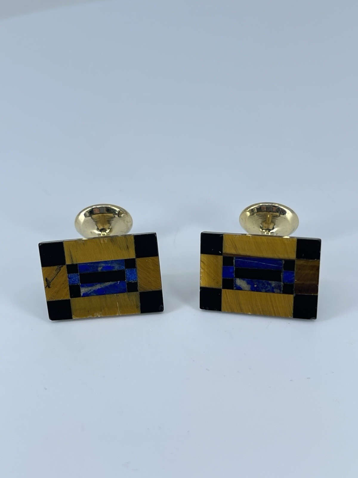 Vintage Onyx Lapis Tigers eye rectangle cufflinks polished gold tone fixed backs