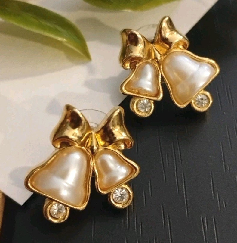 Vintage AVON Golden Bells w/Rhinestones, Bow, and Faux Pearly .75″ Earrings!