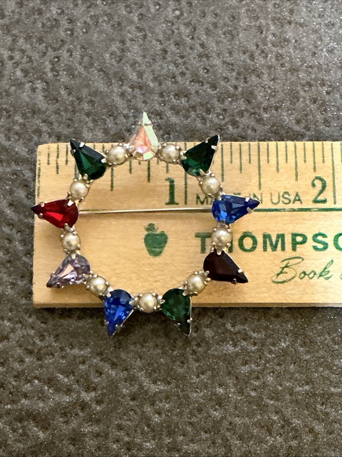 Vintage B David Circle Brooch Pin Multi-Color Crystal Faux Pearl Midcentury