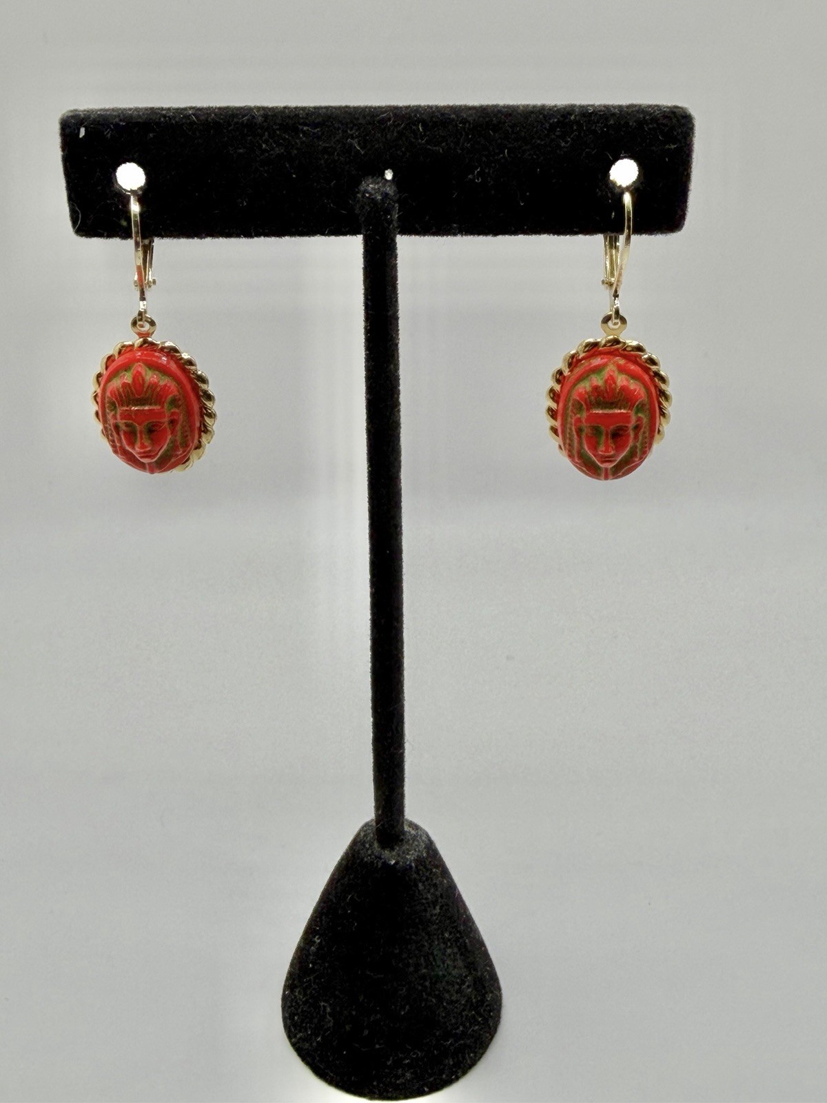 Upcycled Neiger Bros Red & Green Egyptian Pharaoh Face Czech Art Glass Earrings