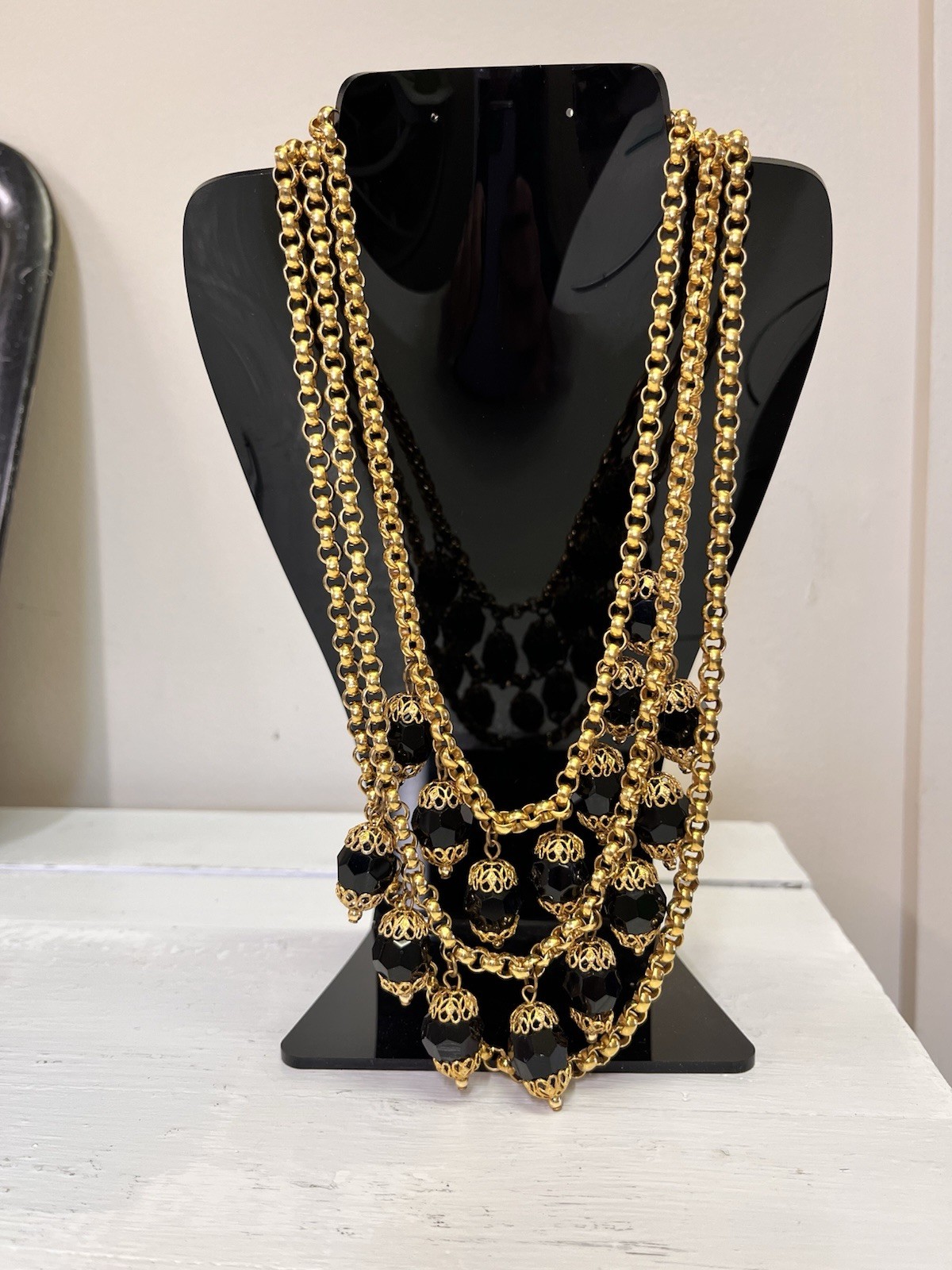 Vintage Channel Like Black And Goldtone Beaded Necklace With Easy To Use Clasp
