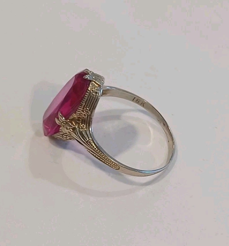 Vtg/antique 18k White Gold Large Pink Stone Size 6 Art Deco Excellent Condition