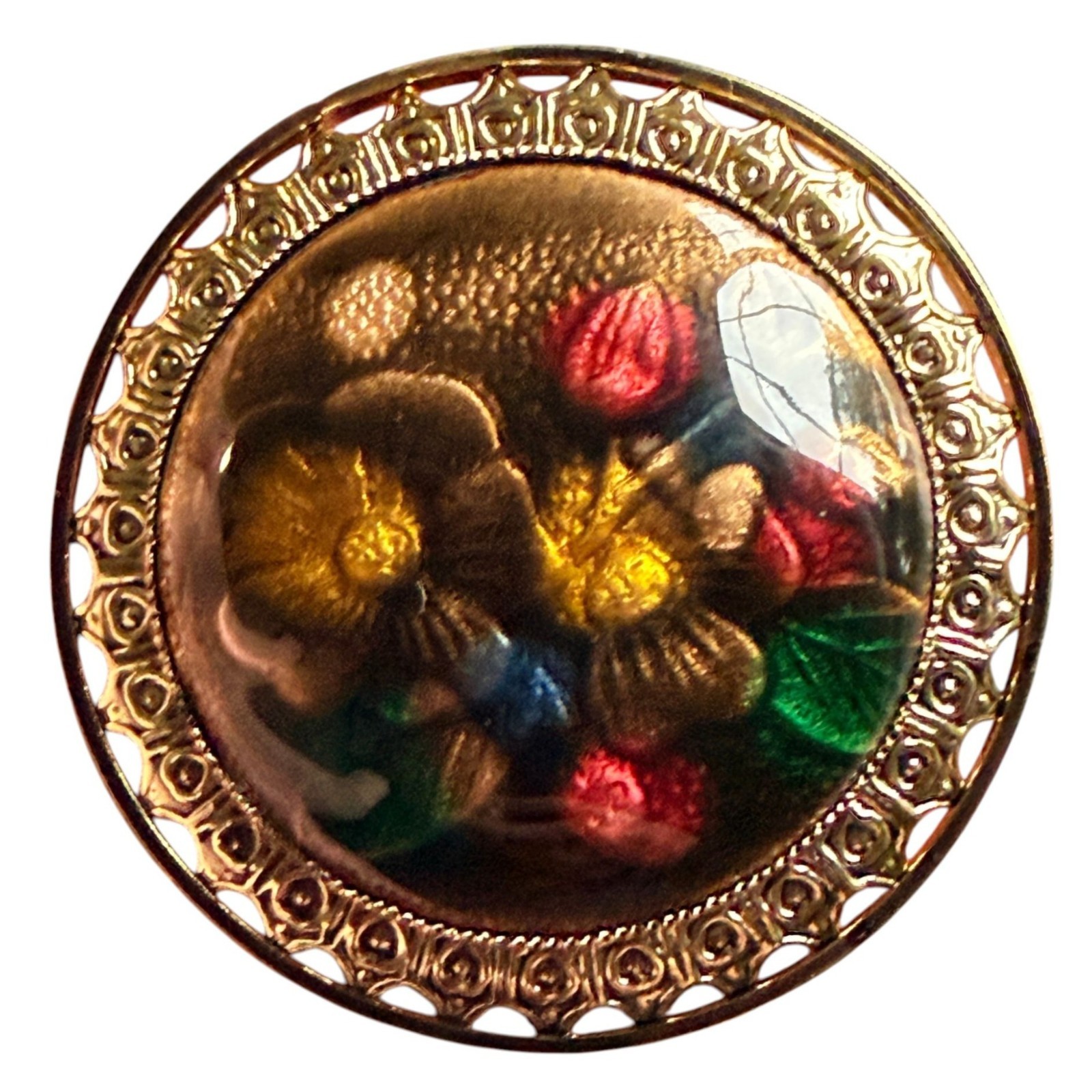 Vintage Reverse Carved Lucite Brooch Gold Tone Floral Pin 1950s New Old Stock