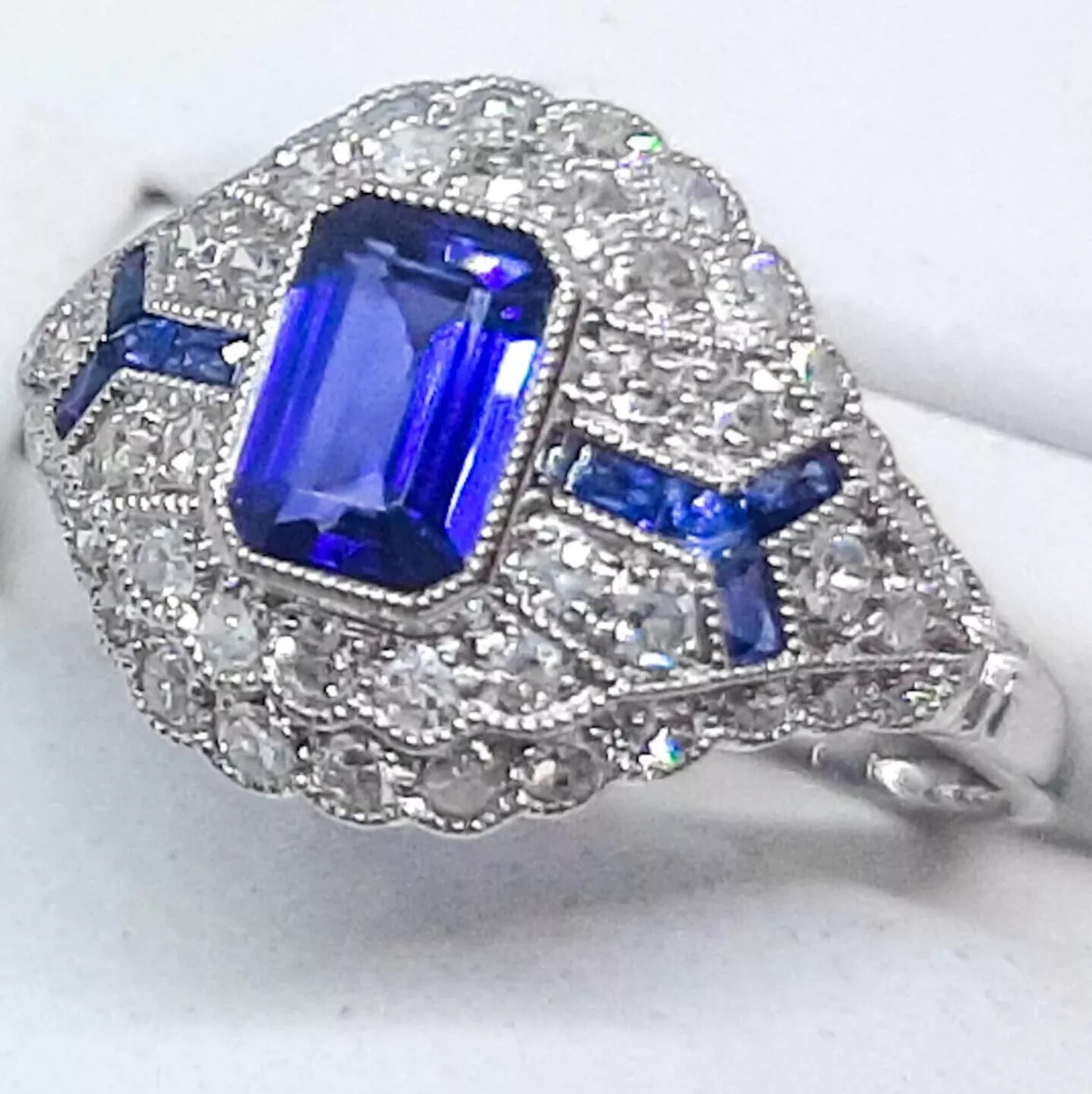 Art Deco Style 2.5Ct Sapphire Lab Created Diamond 14K White Gold FN Wedding Ring