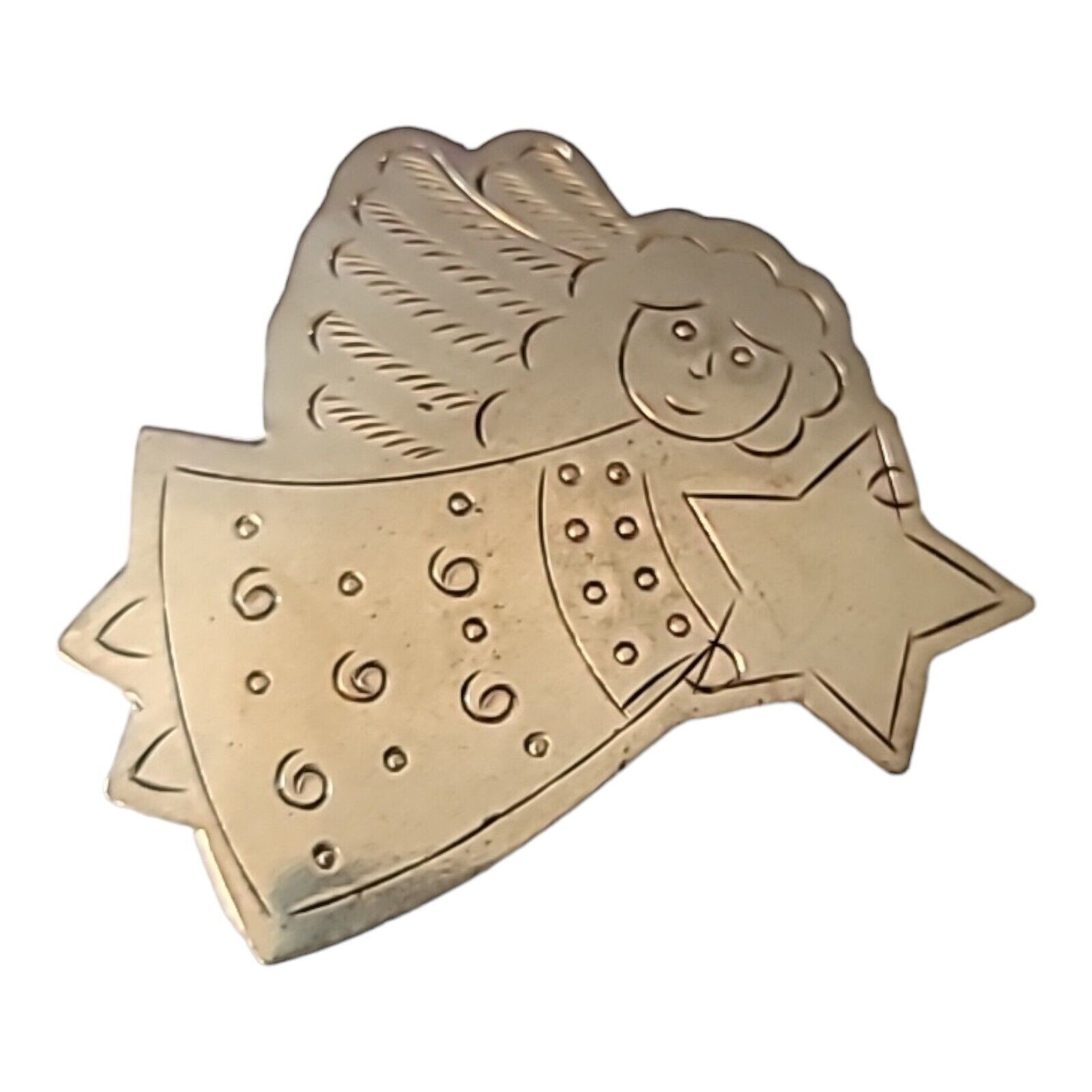Silver Tone Etched Angel Holding Star Metal Christmas Brooch Pin 2″